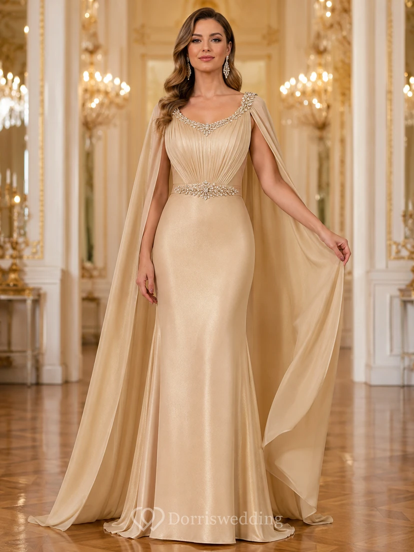 Glamouröses champagnerfarbenes Satin-Abendkleid, bodenlang, mit Perlenbesatz und U-Boot-Ausschnitt