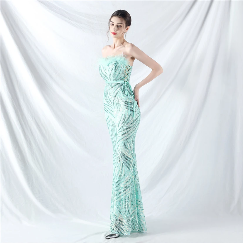Double-Binding Rope-Binding Craft-Made Ostrich Feather Encrypted Laminated Beads High-End Evening Dress view 3
