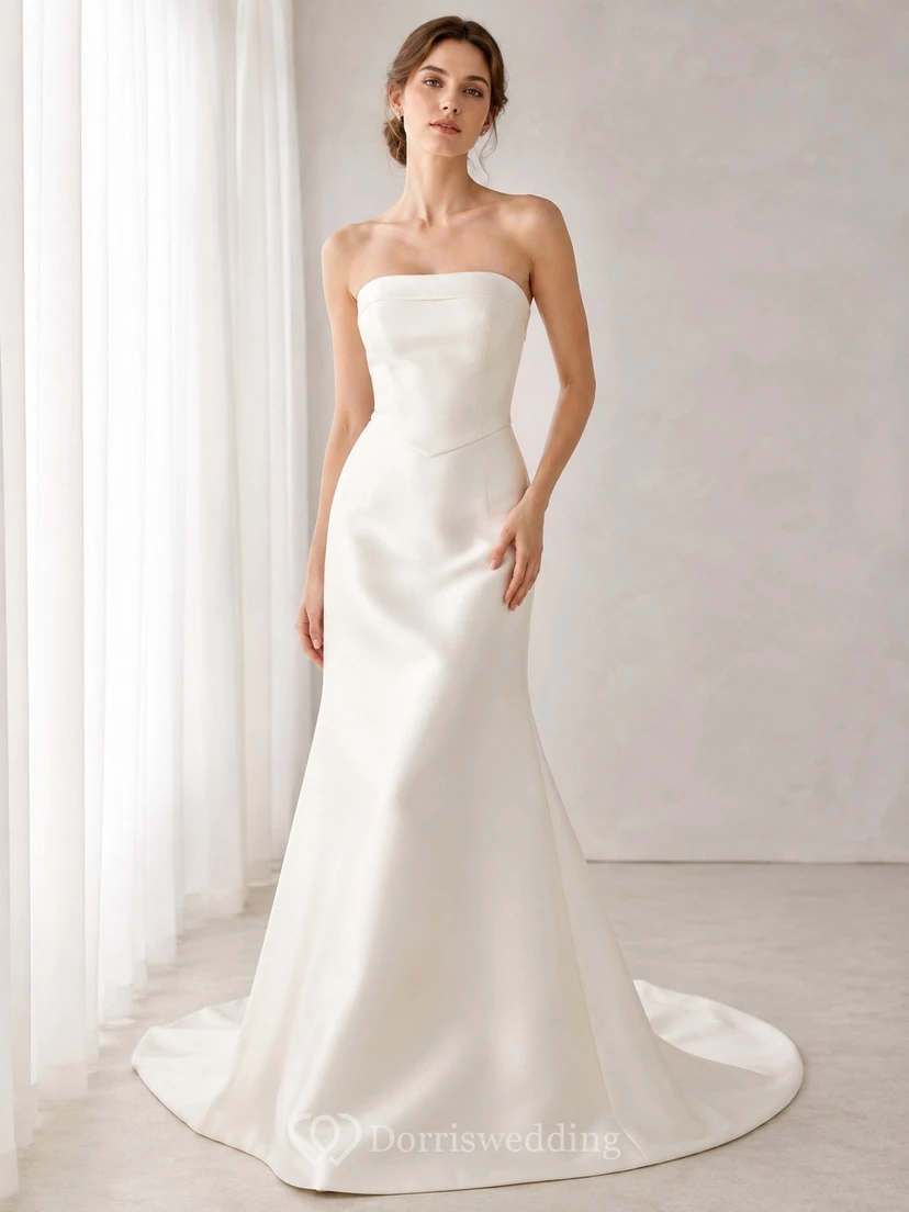 Vestido de novia sencillo y elegante de sirena sin tirantes en satén blanco