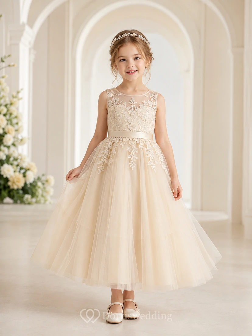Flower Girl Dress Champagne Lace Tulle A-Line Jewel Neck Tea Length