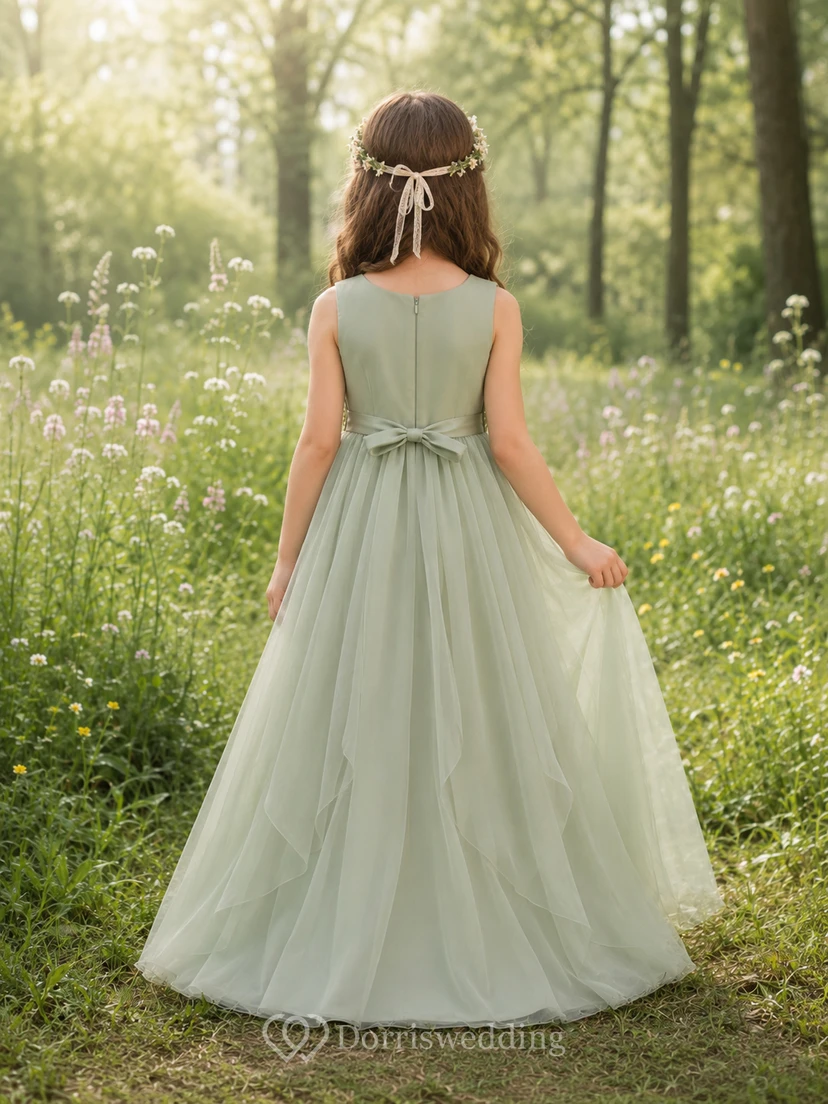 Blumenmädchenkleid aus salbeifarbenem Tüll, A-Linie, Rundhalsausschnitt, bodenlang view 2