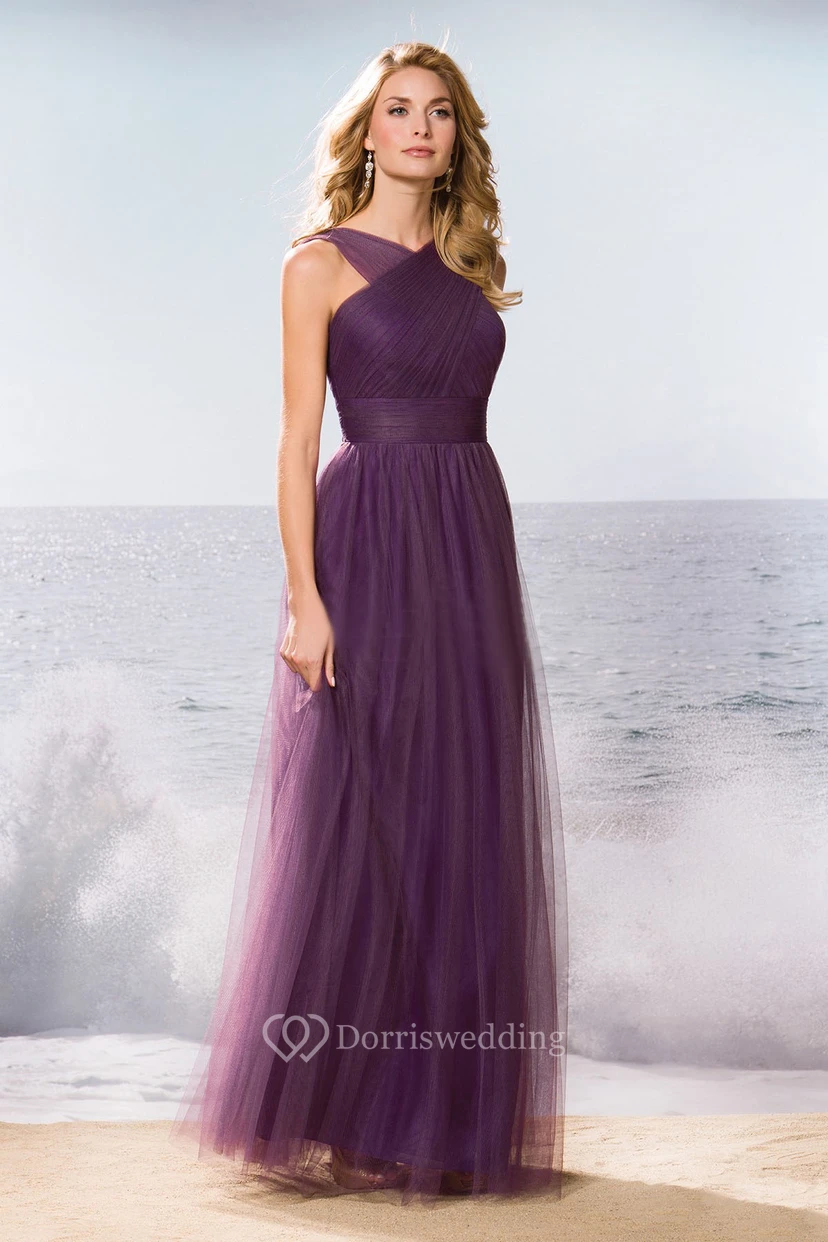 Sleeveless A-Line Tulle Bridesmaid Dress With Crisscross Style