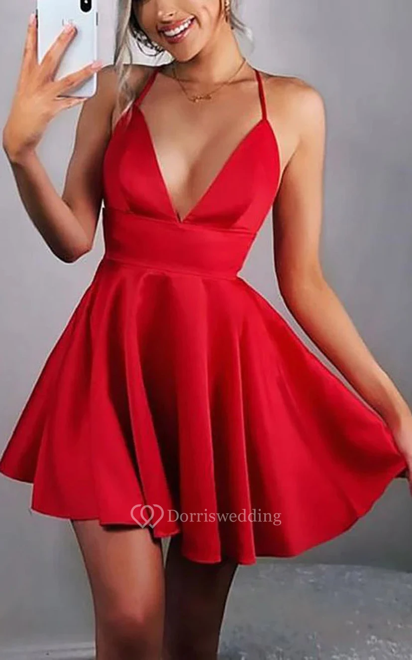 Sexy Red Spaghetti Plunged Empire A-line Short Cocktail Dress