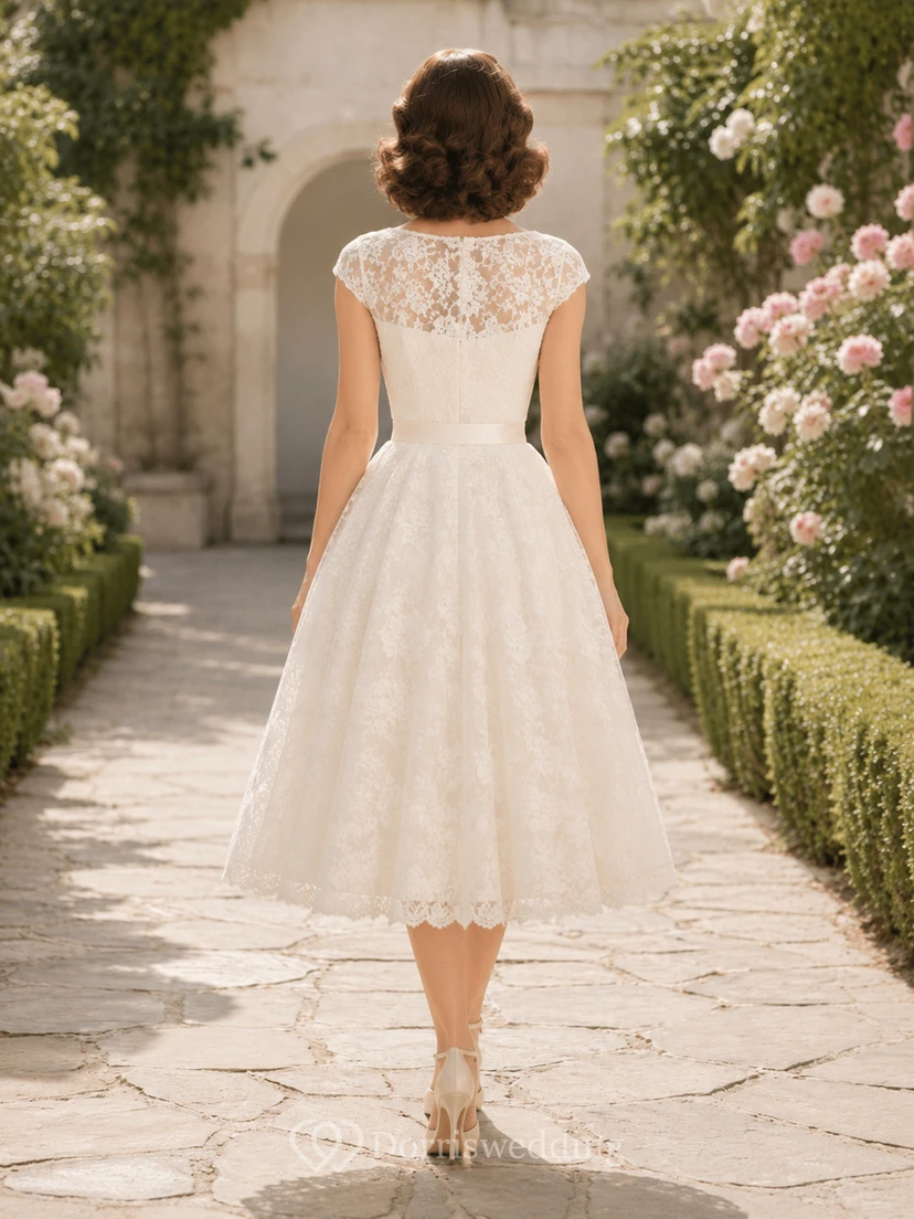 Vintage 1950s Bateau Cap Sleeve Illusion Lace A-Line Tea Length Wedding Dress view 2