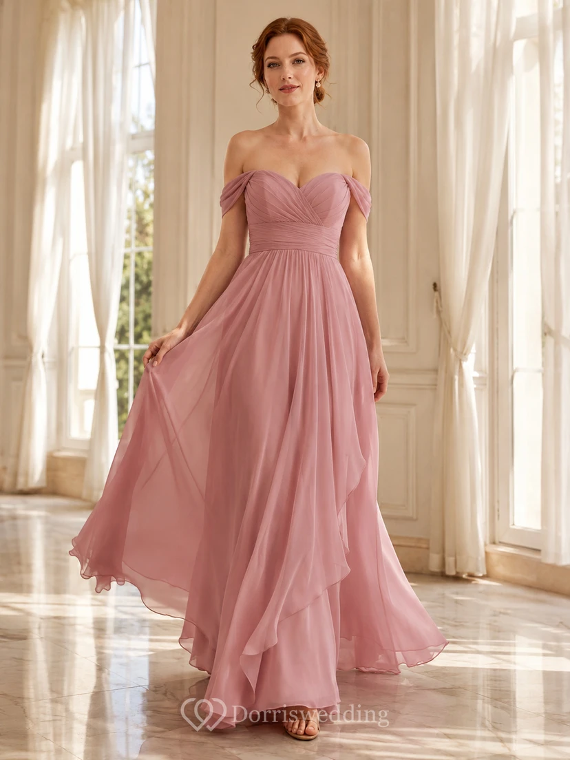 trägerloses Chiffon-Abendkleid in A-Linie, altrosa