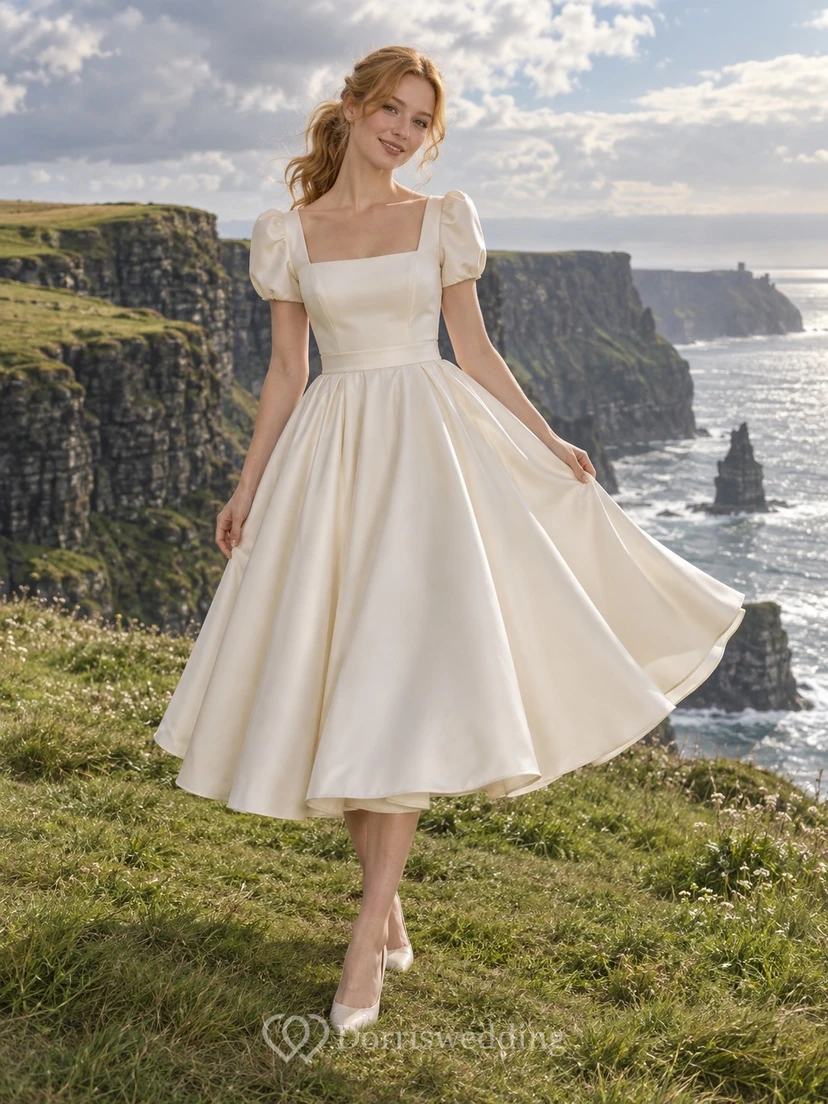 Vestido de novia vintage de satén mate, corte A, largo hasta la rodilla, escote cuadrado y manga corta