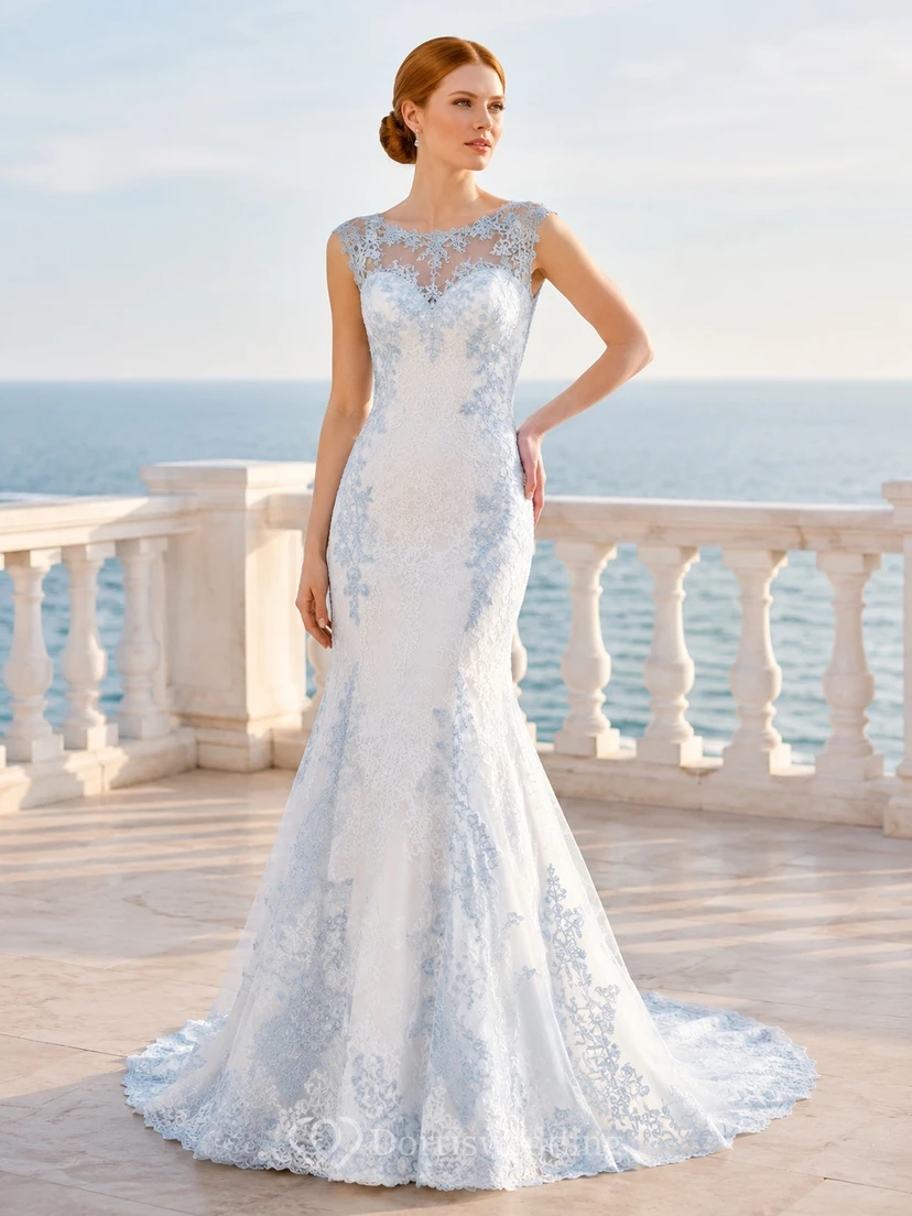 Himmelblaues, elegantes Brautkleid im Meerjungfrauenstil mit Muschelsaum, juwelenbesetzten Kappenärmeln und Spitze