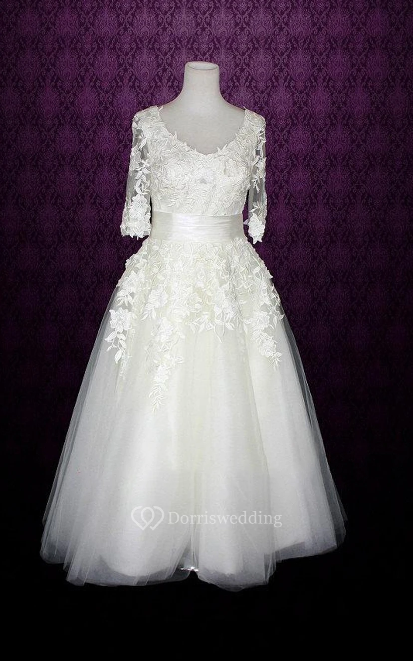V-Neck Half Sleeve Low-V Back Tulle Tea Length Wedding Dress With Sash And Appliques view 3