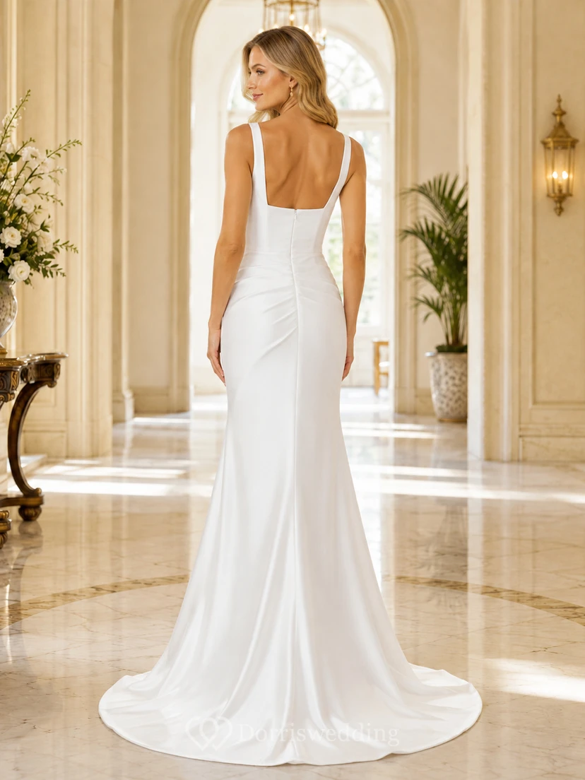 Robe de mariée moderne sirène en satin, sans manches, longueur au sol, coupe carrée, style architectural view 2