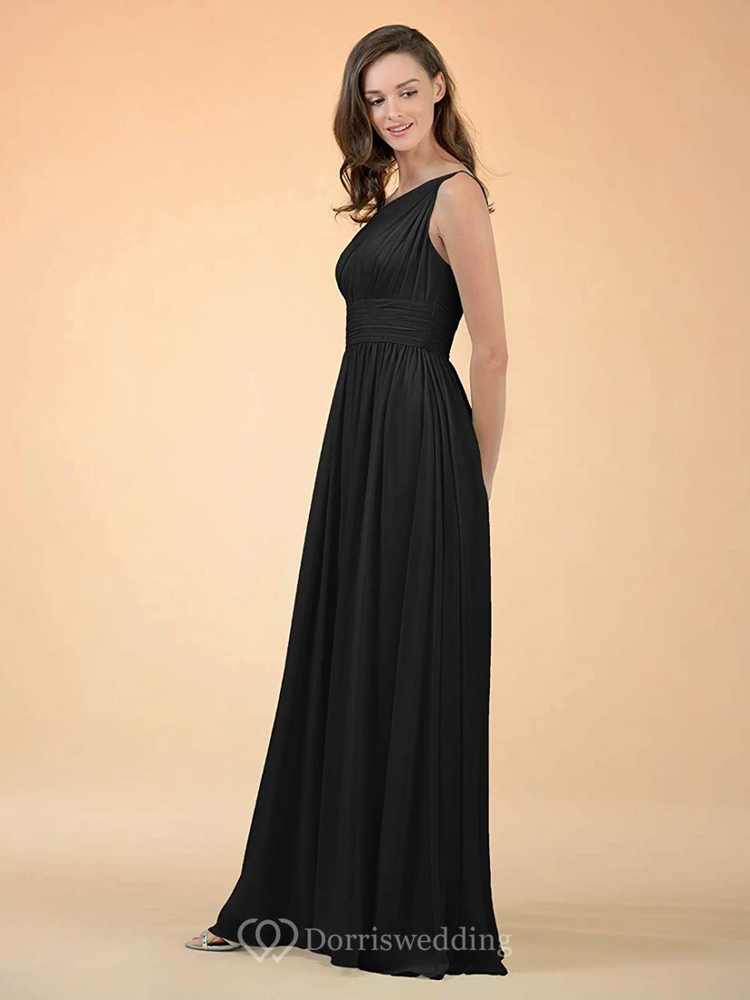 Elegantes, schulterfreies, bodenlanges Chiffon-Brautjungfernkleid in A-Linie mit Raffungen und A-Linien-Schnitt view 12