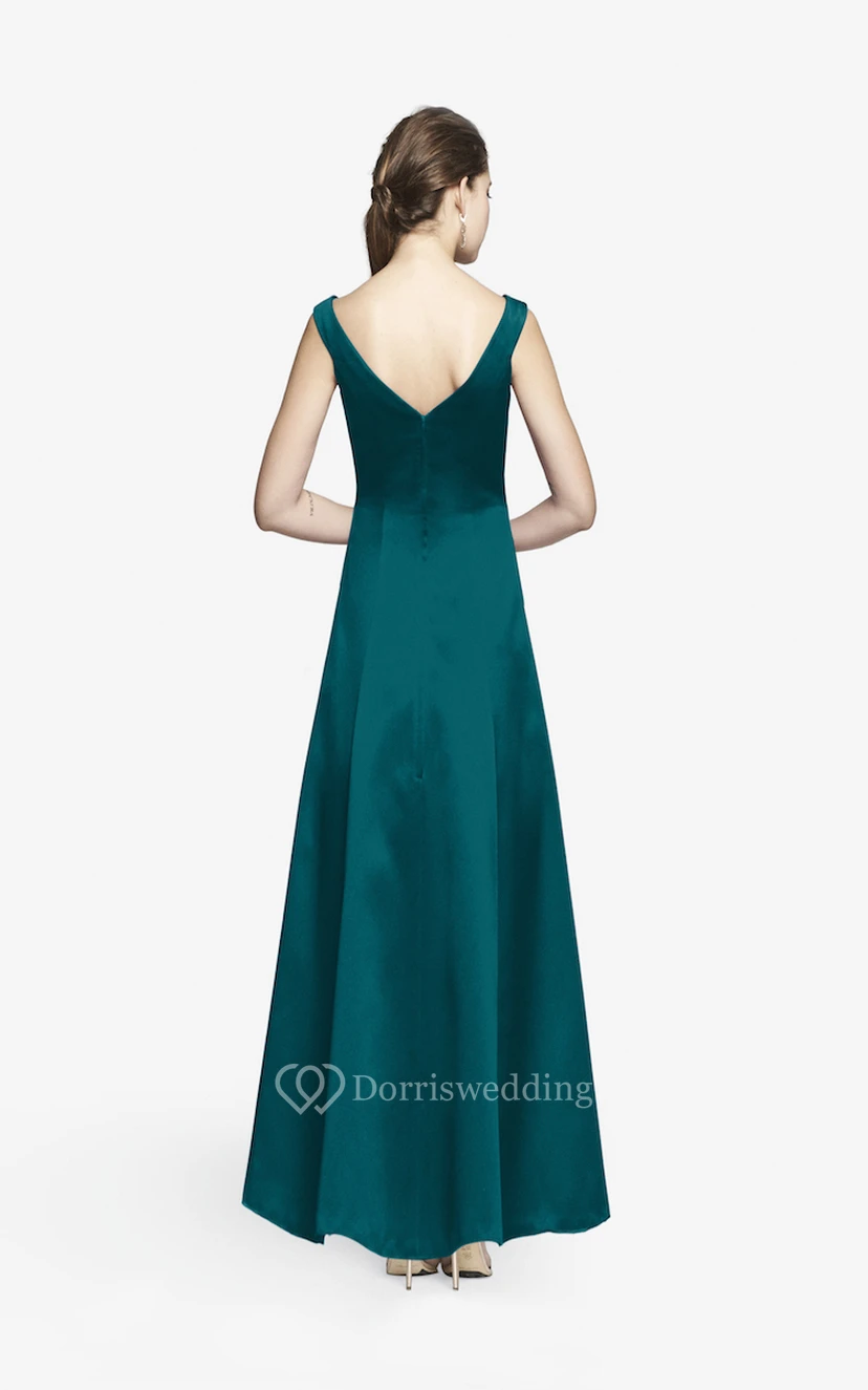 Simple V-neckline Floor-length Satin Dress With Cap Sleeves view 25