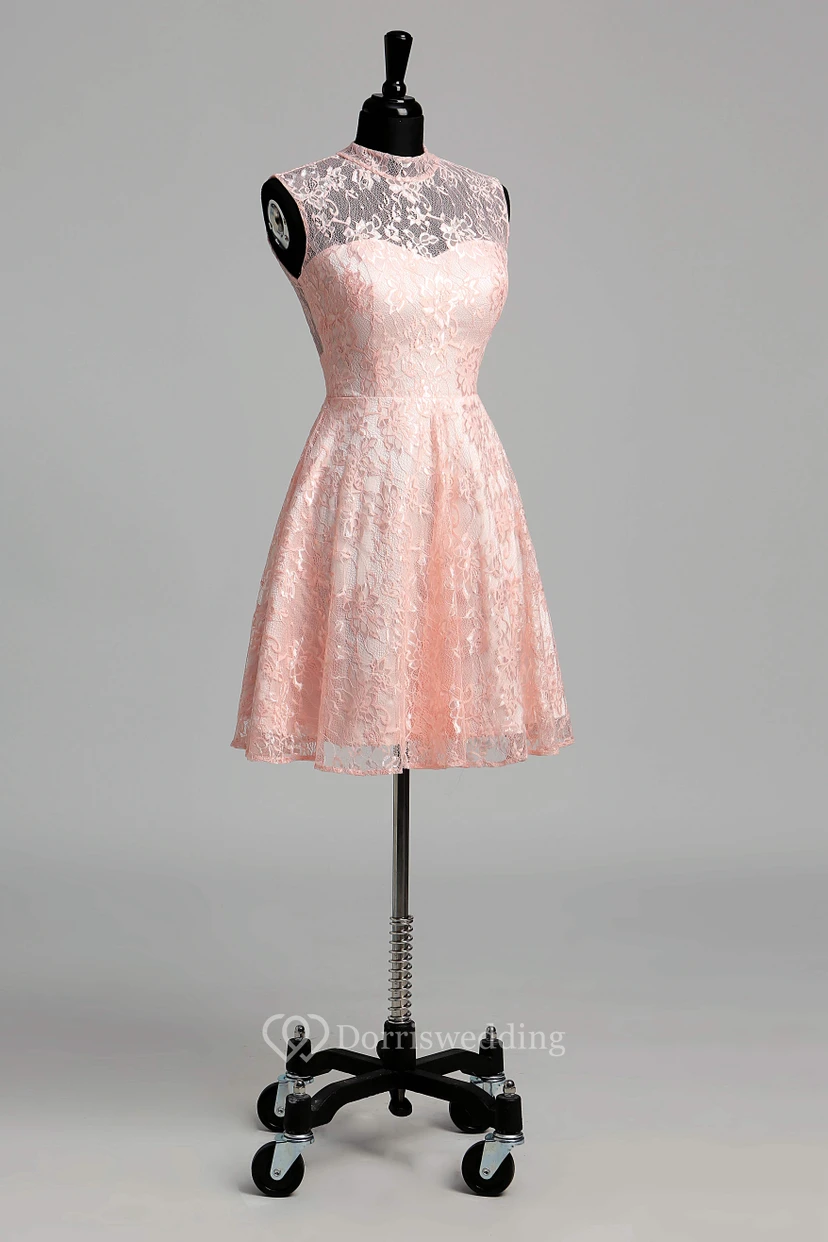 Robe courte/mini en dentelle simple, coupe trapèze, col montant, sans manches view 7