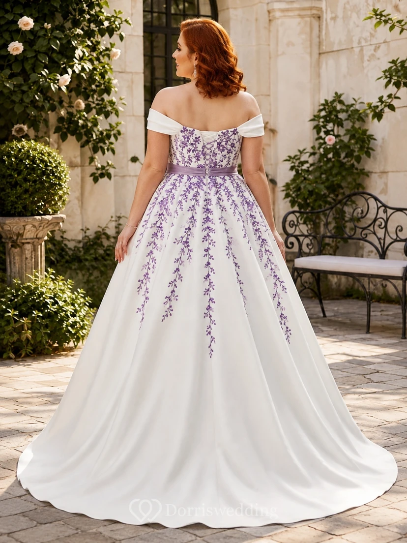 Purple Floral Plus Size A-Line Satin Bridal Dress Off-the-shoulder Short Sleeve Chapel Train view 2