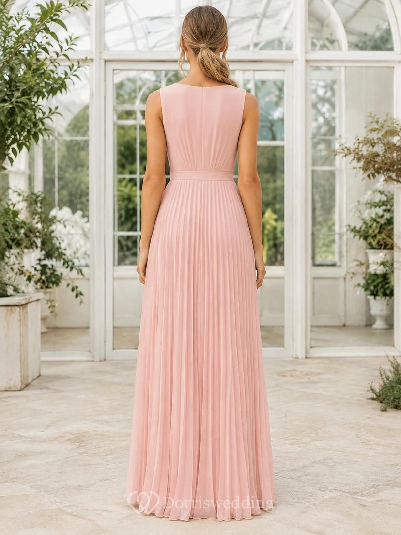 Light Pink Chiffon Wrap Sleeveless Pleated A-line Floor-length Dress view 2