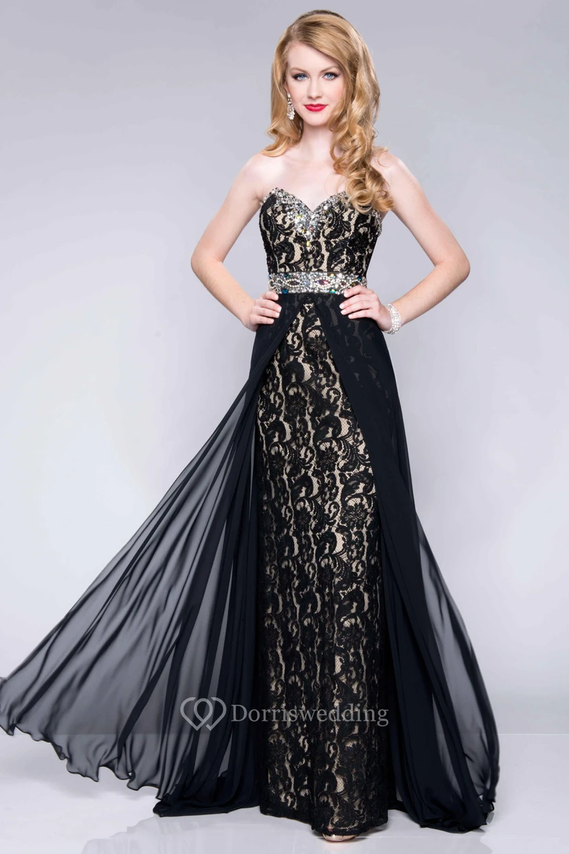 Sweetheart Lace Column Long Prom Dress With Chiffon Overlay Skirt
