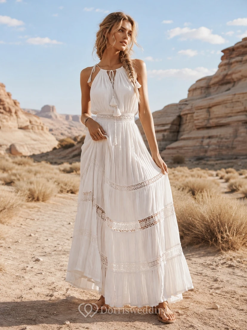 White Halter Sleeveless Tiered Lace Panel Chiffon Maxi Dress