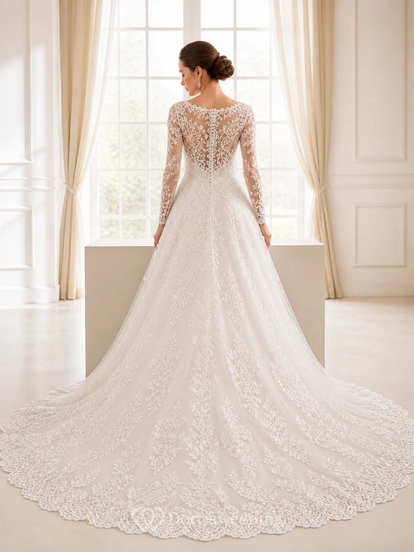 Elegante vestido de novia catedral de corte A con escote barco y encaje floral y manga larga view 2