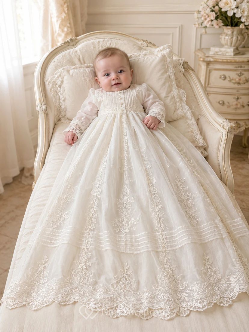 Christening Gown A-Line Lace Tulle High Neck Long Sleeve Full Skirt view 2