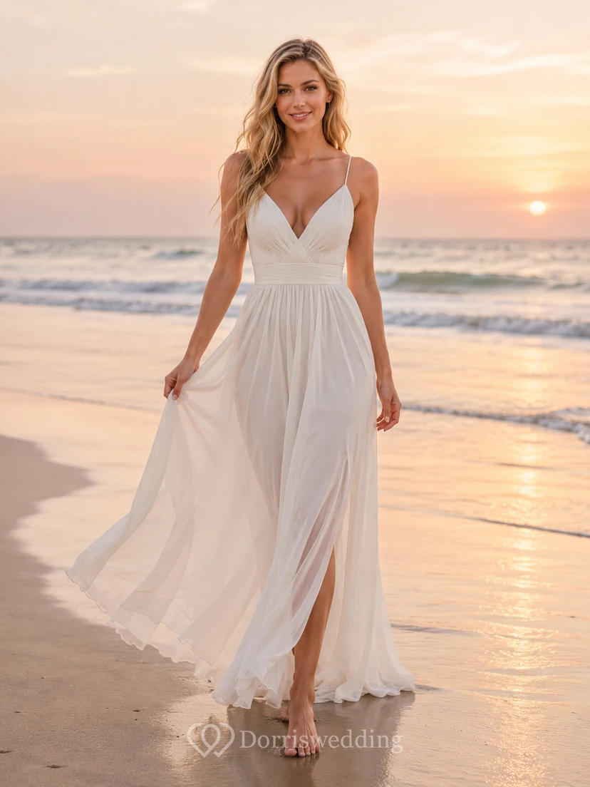 Spaghetti Strap V Neck Chiffon Beach Bridal Slit Gown