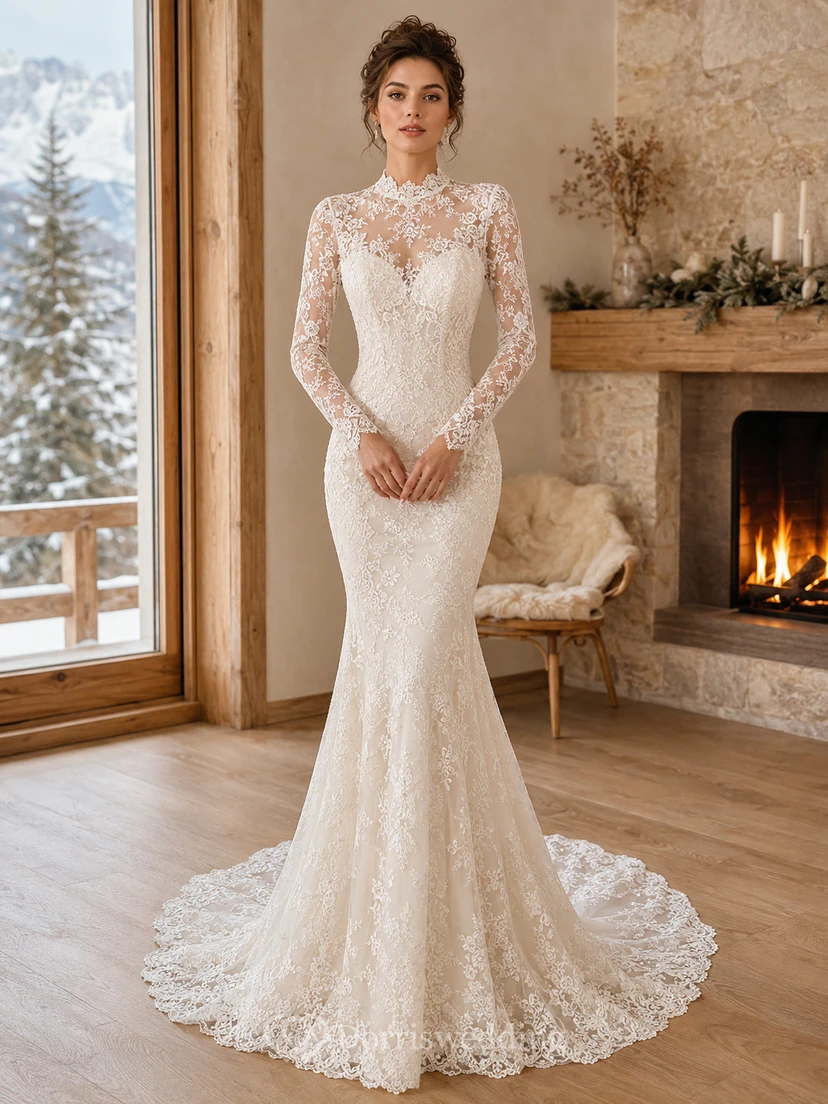 Mariage d'hiver en dentelle à col montant, manches longues illusion, traîne chapelle, robe sirène sirène, col montant et manches longues illusion