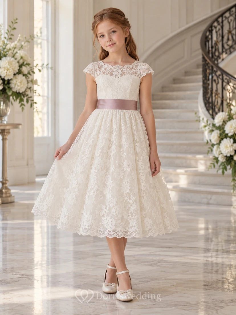 Vestido de niña de flores vintage de corte A con estampado floral color marfil, mangas cortas de encaje y fajín malva, largo hasta la rodilla.