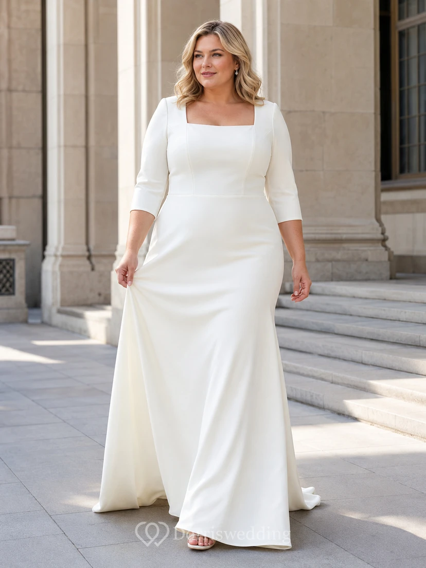 Robe de mariée en satin à col carré et manches trois-quarts, grande taille, à prix abordable