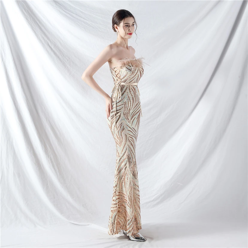 Double-Binding Rope-Binding Craft-Made Ostrich Feather Encrypted Laminated Beads High-End Evening Dress view 53