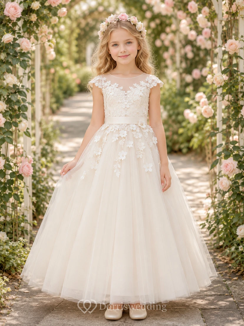 Blumenmädchenkleid aus elfenbeinfarbener Spitze und Tüll, A-Linie, kurze Ärmel, Rundhalsausschnitt, Teelänge, Schleife am Rücken