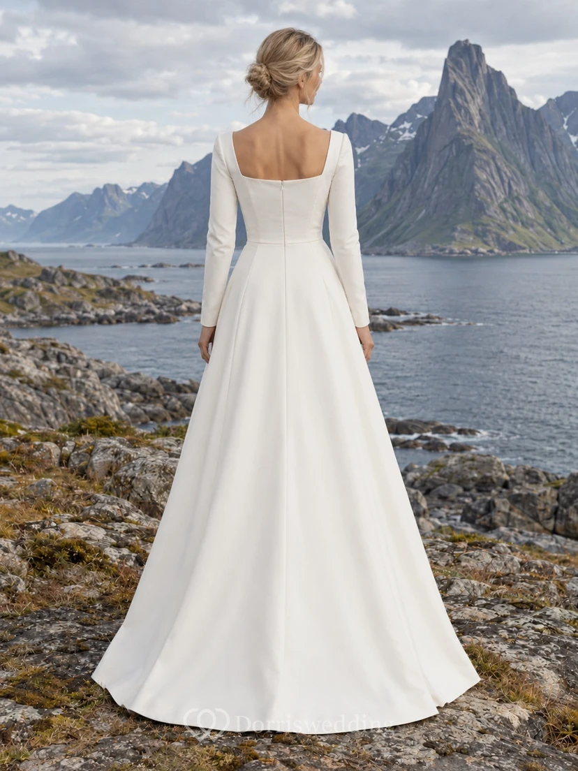 Vestido de novia sencillo de corte A con escote cuadrado, manga larga y falda de satén de algodón. view 2