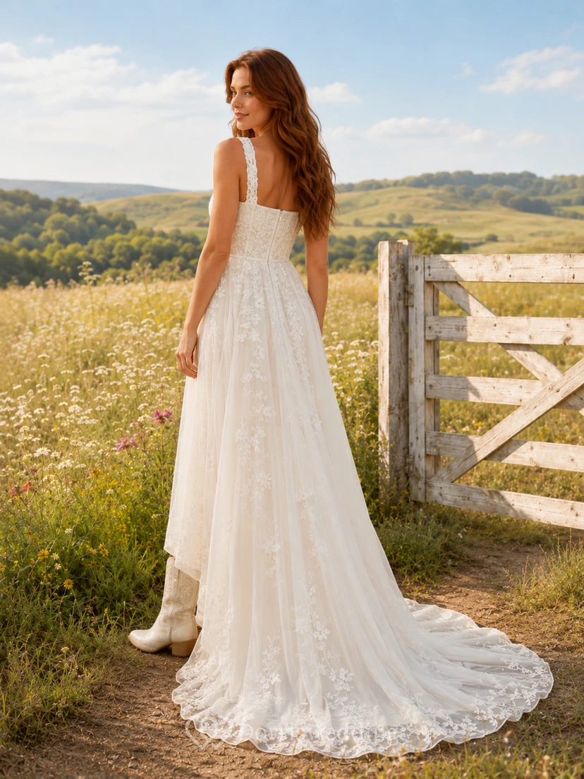 Vestido de novia de tul y encaje estilo campestre, corte en A, tirantes finos, cola capilla y escote en V bajo en la espalda. view 2