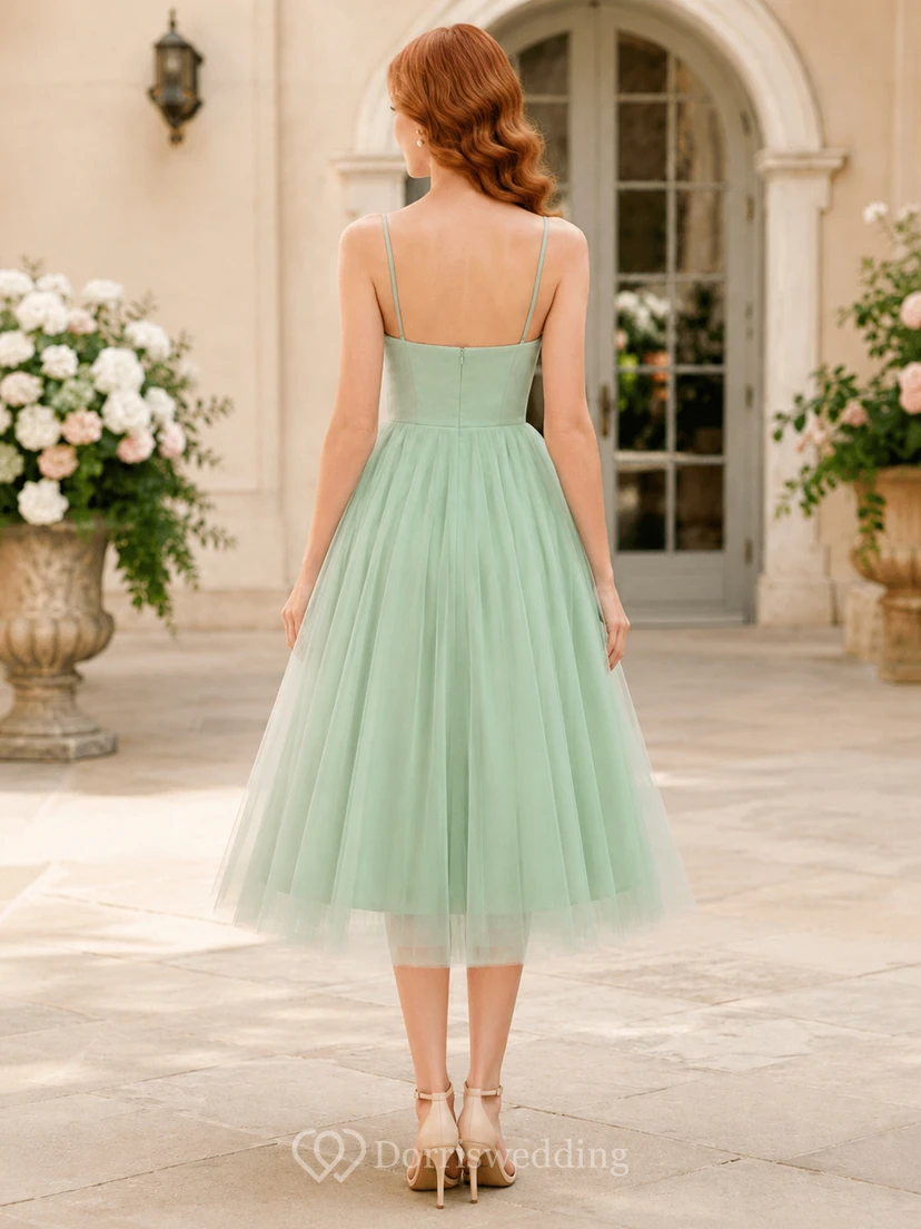 Mint Green Square Neck Tulle Tea Length A Line Cocktail Dress view 2