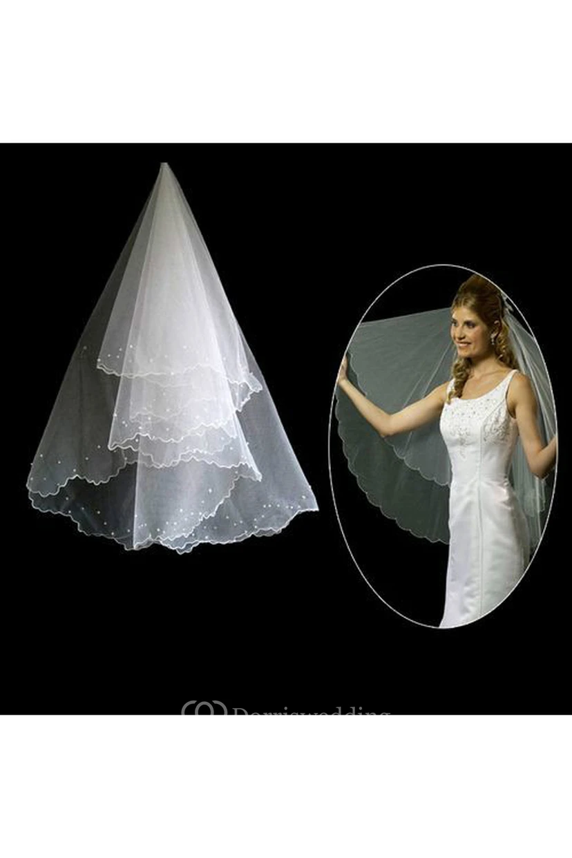 Crescent Edged Fingertip Wedding Veil with Beading