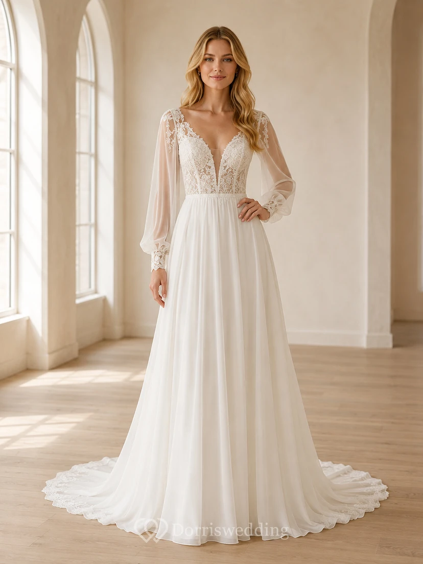 Brautkleid mit tiefem V-Ausschnitt, Poetenärmeln, A-Linie, Chiffon, Kapellenschleppe und Spitze