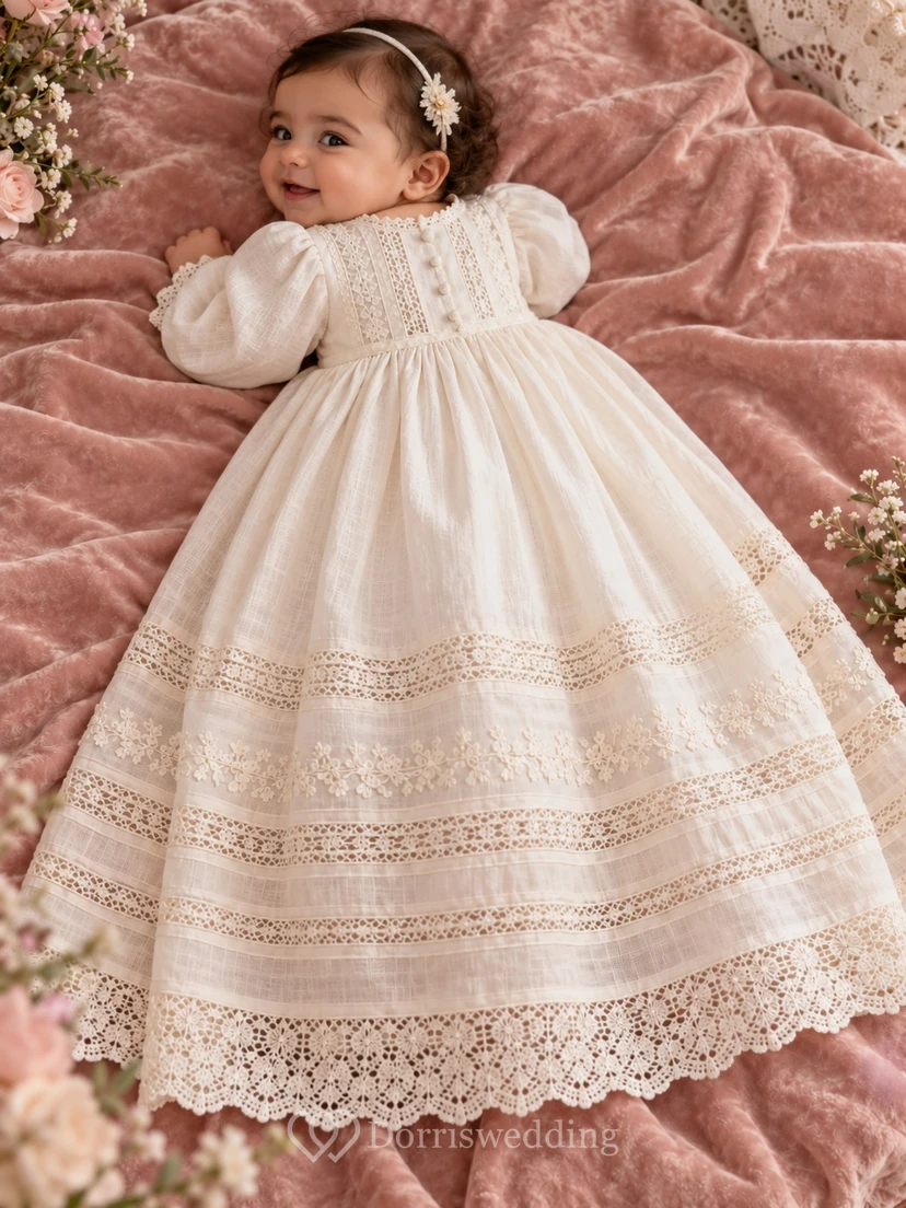Long Sleeve Ivory Satin Lace Chest Panel Baby Baptism Gown view 2