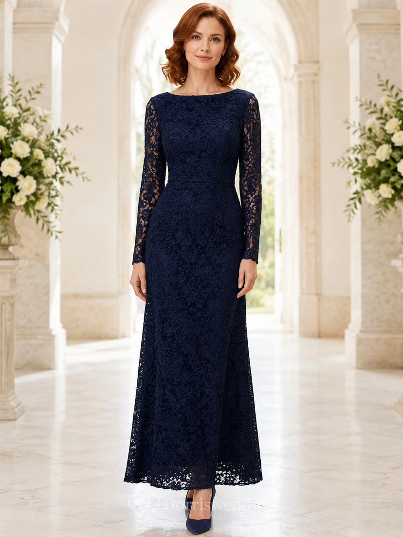 Navy Long Sleeve Lace Jewel Neck Ankle Length Sheath Dress