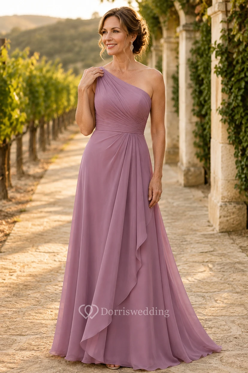 Mauvefarbenes, einseitig schulterfreies Chiffon-Kleid in A-Linie mit Schnürung am Rücken