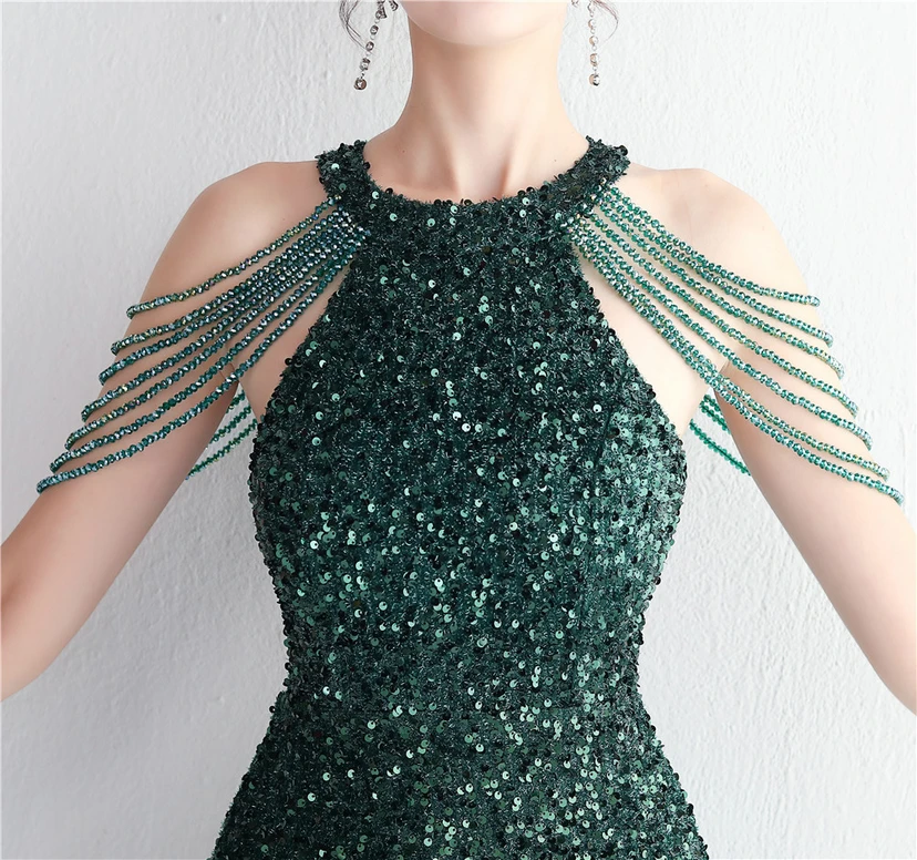 Heavy-Duty Glass Bead Craft Beaded Banquet Evening Dress Temperament Elegant Long Halter Neck Slit Sequins view 28