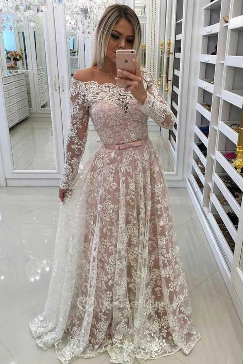 A-Line Lace Off-the-shoulder Long Sleeve Button Dress