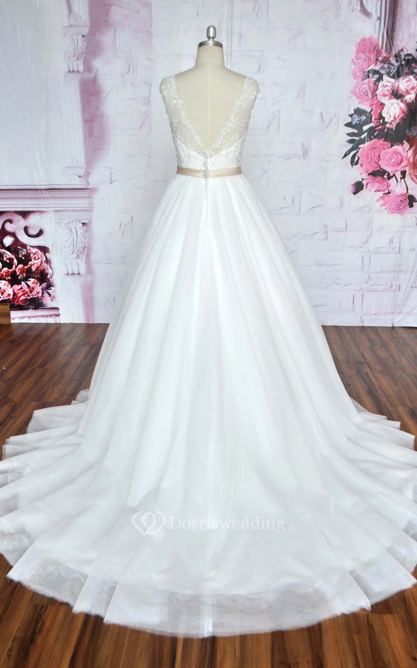 Sleeveless A-line Ballgown Tulle Wedding Dress Styles With Illusion Neckline And Deep V-back view 2