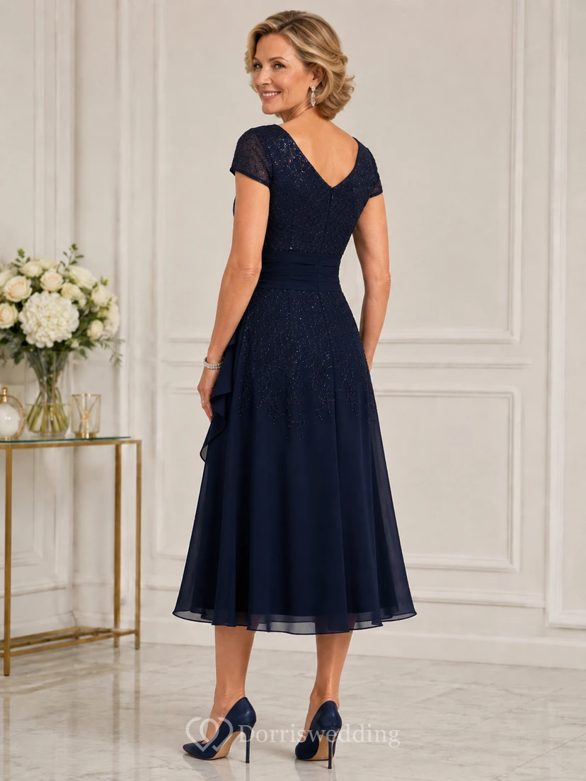 Dark Navy Square Neck Tea Length Mother Dress Dark Navy Square A-Line Tea-length view 2