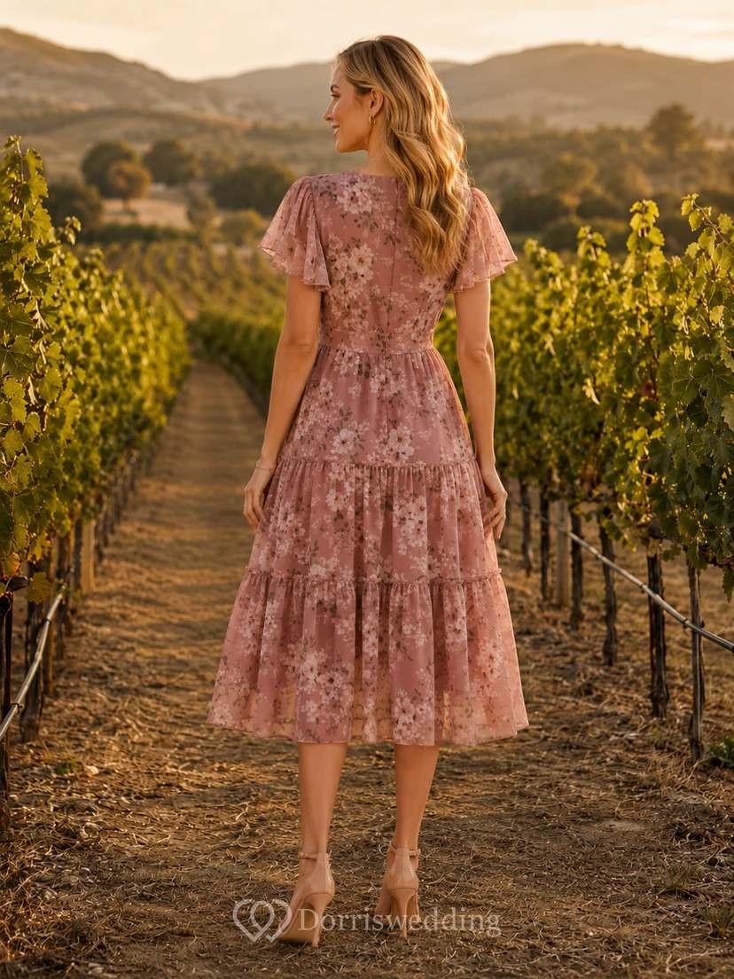 Dusty Rose Countryside Winery Wedding Guest Bridesmaid Cocktail Formal Dress A-Line Tea-Length V-Neck Puff Sleeve Chiffon Floral Print Ruffle Trim Tiered Skirt Zipper Back view 2