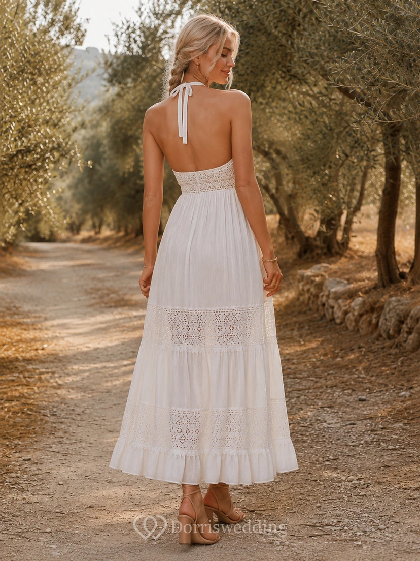 Weißes Neckholder-Kleid aus Chiffon mit hochgeschlossenem, rückenfreiem und gestuftem Chiffon-Spitzenkleid im Boho-Stil view 2
