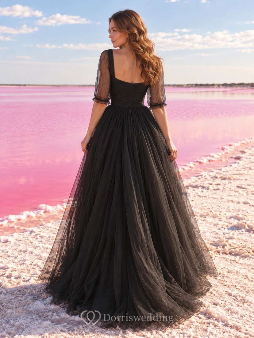 Simple Black Square Half Sleeve Split Tulle A-Line Wedding Dress view 2