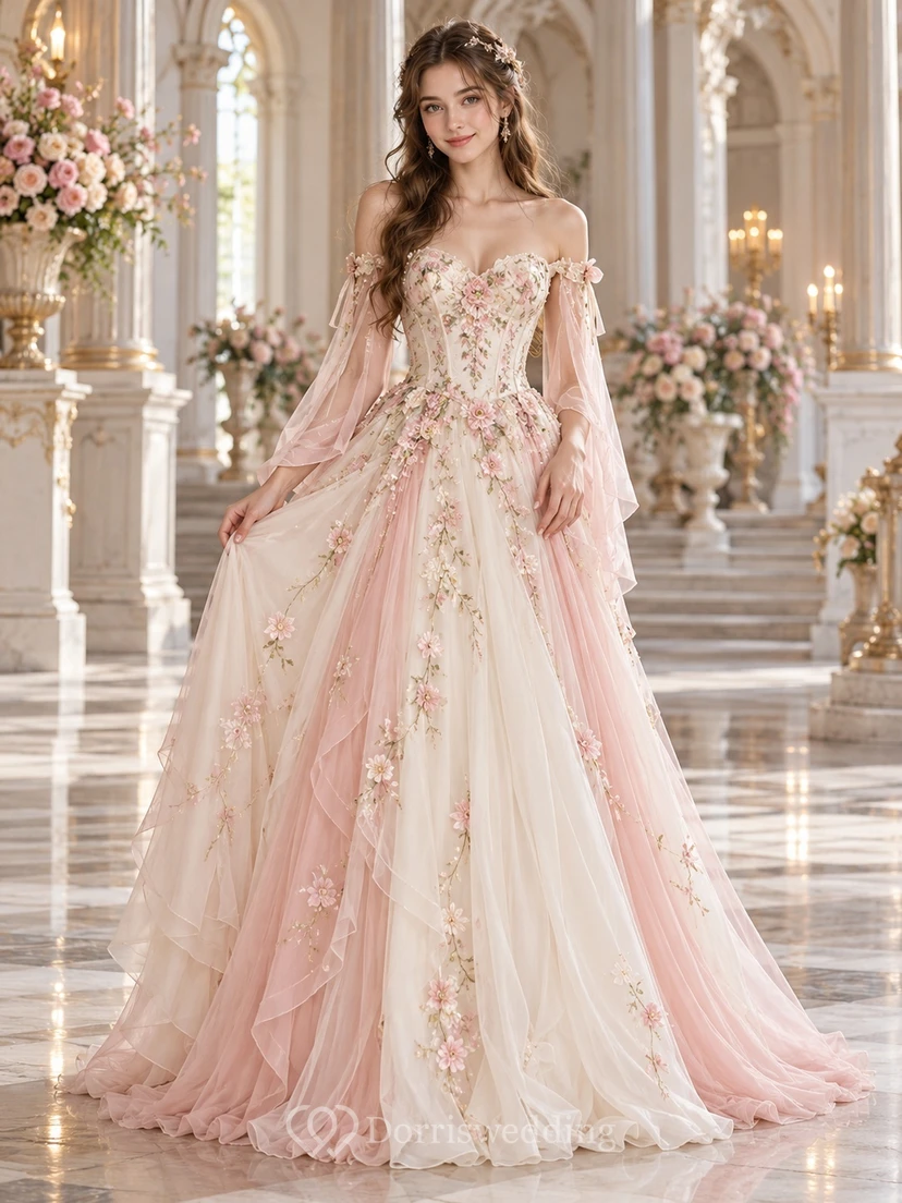 Robe de bal médiévale rose poudré à épaules dénudées, corset fleuri et tulle drapé