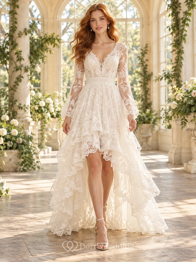 Boho High-low Long Bell Sleeve V-neck Lace A-line Wedding Dress