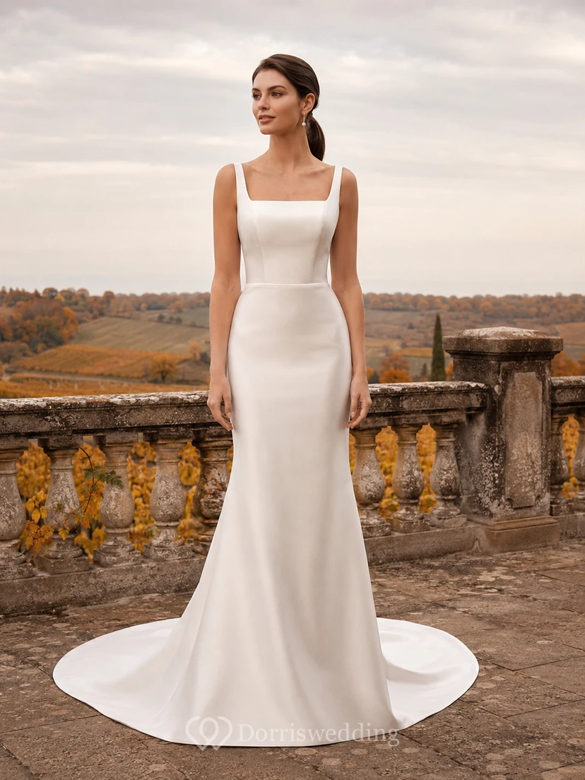 Herbstliches Brautkleid im Meerjungfrauenstil mit eckigem Ausschnitt und Schleppe im Landhausstil.