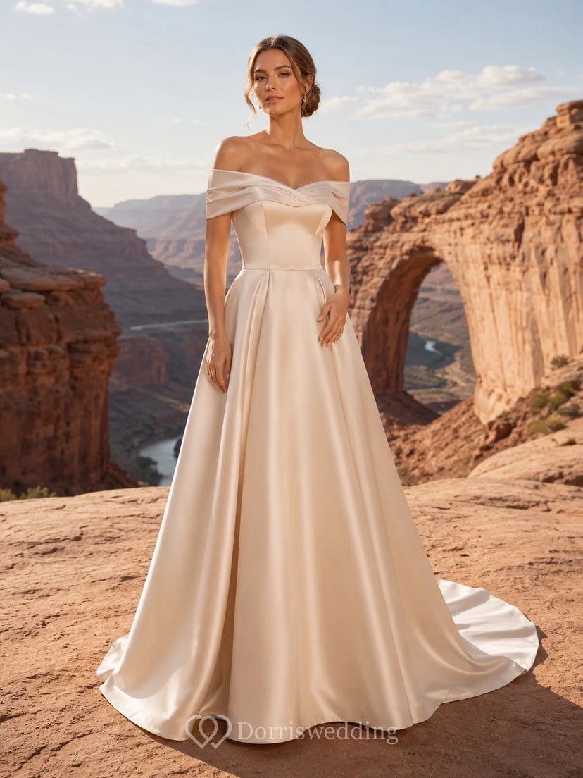 Robe de mariée classique en satin à épaules dénudées et coupe trapèze, inspirée d'un paysage de canyon, pour une fugue amoureuse