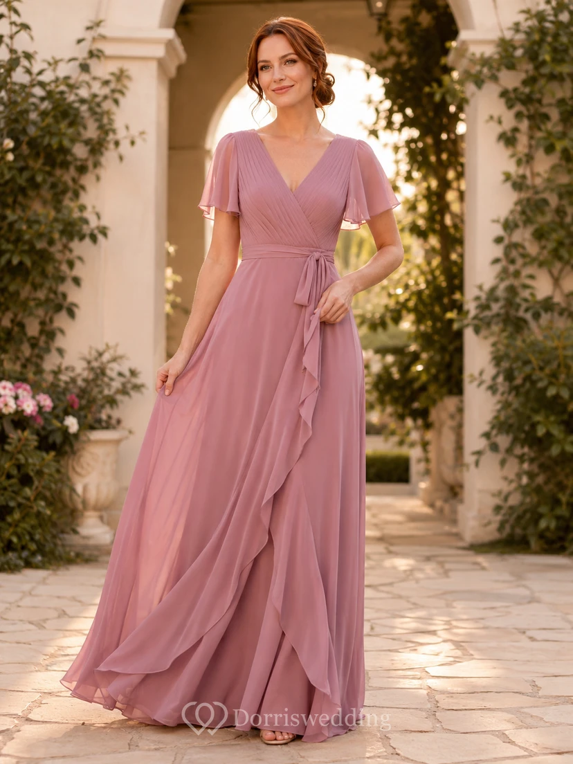 Altrosafarbenes Wickelkleid aus Chiffon in A-Linie mit V-Ausschnitt