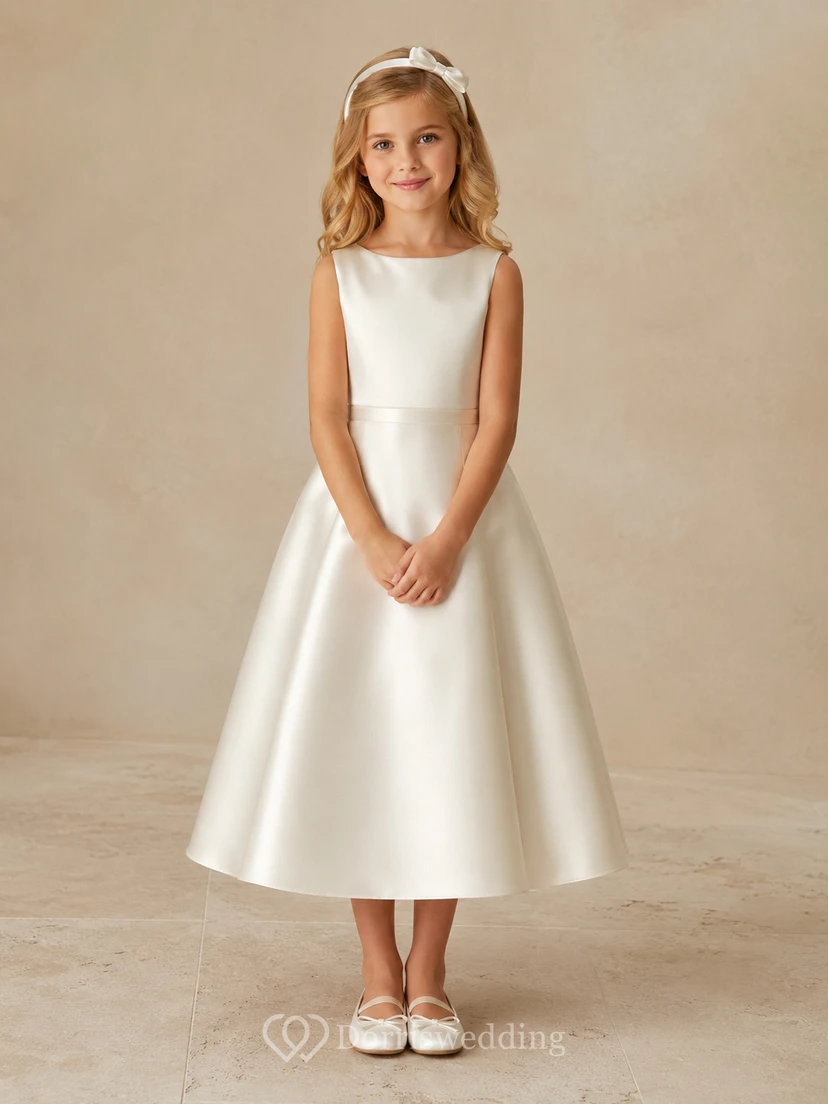 Luxuriöses, minimalistisches A-Linien-Blumenmädchenkleid aus elfenbeinfarbenem Satin mit Schleife am Rücken, ärmellos, mit Rundhalsausschnitt und wadenlangem Rock
