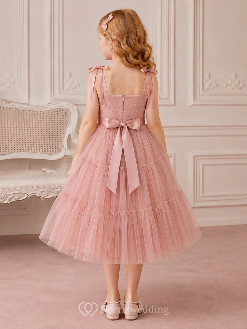 Flower Girl Dress Dusty Rose Lace Tulle A-Line Scoop Neck Tea Length Ruffle Detail Tiered Skirt view 2
